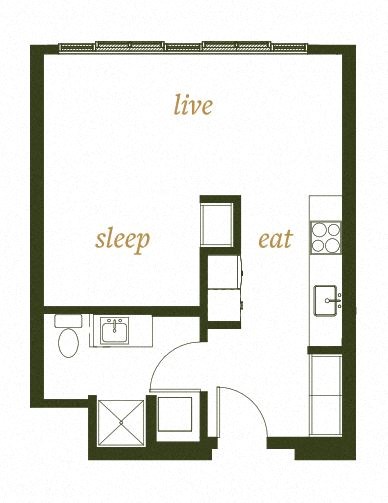 Floor plan for studio, 1 bath, 443 sqft